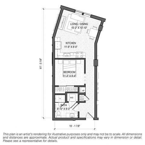 Floor plan for 1 bed, 1 bath, 646 sqft